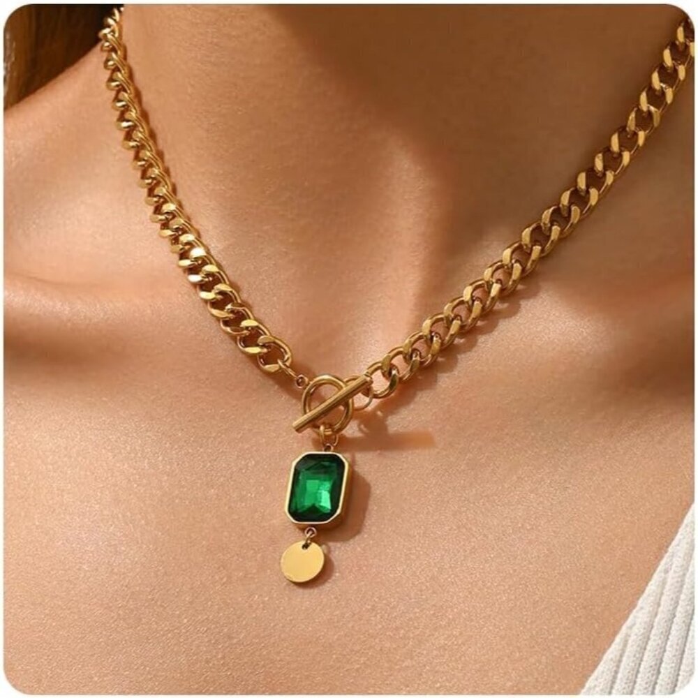 🆕 Women Gold Chunky Chain Necklace Thick Cuban Curb Gemstone Pendant Jewelry